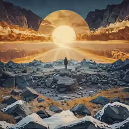 a painting showing a lone person standing at the end of a large rocky road