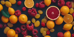 a black table topped with oranges, raspberries and other fruits