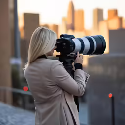a woman is standing on top of a roof looking at the buildings while holding a camera