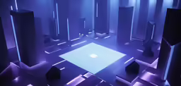 a futuristic, lit room with a floor and square area