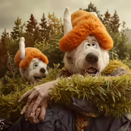 two people and an orange hat on one of the dogs