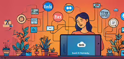 a woman is looking at the computer with icons all over her,a woman is on the computer with many different media related