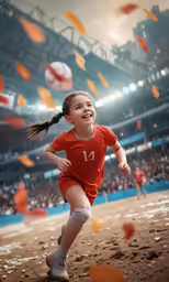 a young girl in a red soccer shirt running towards the ball