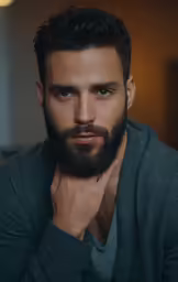a man with a beard and serious look