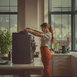 woman leaning against the desk using a small computer