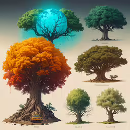a digital art painting with trees that have their leaves changing colors,trees with different colored and types in different positions