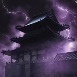 lightning striking across the sky above an oriental building