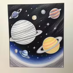 a drawing of a space scene with saturn, planets and sun