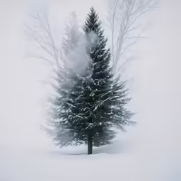a lone pine tree stands tall in the snow
