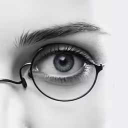an eye with glasses on is reflected in the eye of a person