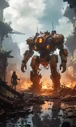 a robot is standing in the middle of an area with many buildings