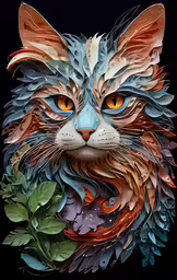 a painting of a cat that has leaves on it