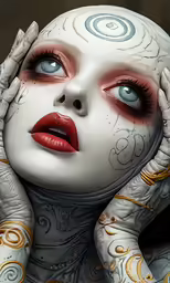 a girl is holding her head to her face