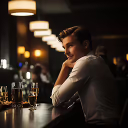 a smiling young man seated at a bar with several glasses