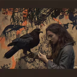 a young girl holds a large bird while she feeds it