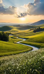 there is an open field with a creek running through it