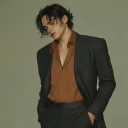 a man in a suit stands with his hands in his pockets