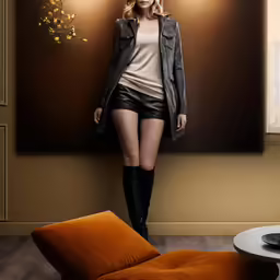 a blonde woman in high boots standing by a brown wall