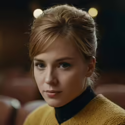 a woman with bangs posing for the camera
