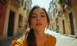 an elegant young woman is seen in an old european city setting