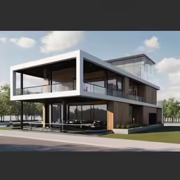 the house is situated at the edge of a lot and has a balcony overlooking the pool