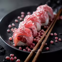 a black plate topped with meat covered in sauce