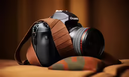 a camera and a scarf laying on a bed