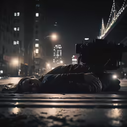 a man lying on the ground with lights on above his head