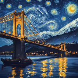 a painting of the san francisco bridge and its starry sky