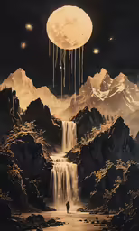 a man is standing in a stream under the moon