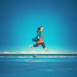 a woman jumping into the air in the air over water