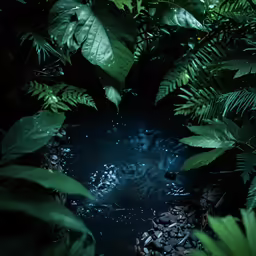 the pond is surrounded by plants and stones