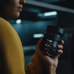 a woman holding up a camera in the dark