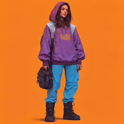 a girl in a purple sweatshirt and blue pants