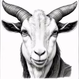 a goat with very long horns stares straight ahead