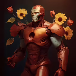 a robot standing in front of sunflowers with red leather