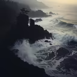 a black and white picture with an ocean wave coming on the shore