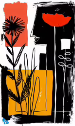 the art work has been altered with an orange, black and white background