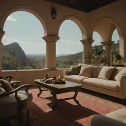 a large living room with sofas and table