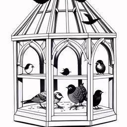 a bird in a glass bird cage with three birds,a bird sits on top of an ornate birdcage