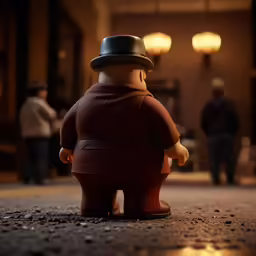 toy bear wearing coat, hat and coat with people in hallway