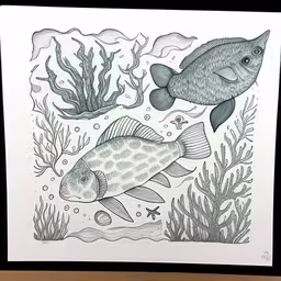 a black and white drawing of two fish and seaweed