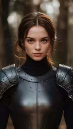 a close up of a woman wearing a black costume