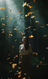 a woman looking upward with a background of autumn leaves flying in the air