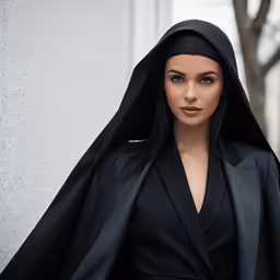 a young lady with long black hair wearing a black cape