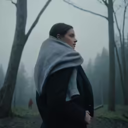 woman in coat walking on path through woods