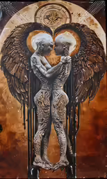 two women standing next to each other in a painting