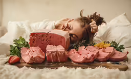 woman laying on a bed with some pieces of meat