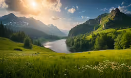 a beautiful scene of the mountains and river in an alpine area