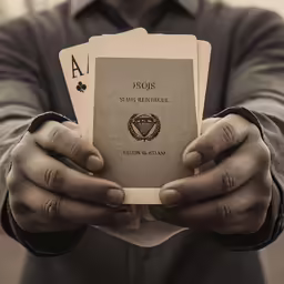 an older person holding out playing cards to show their ace